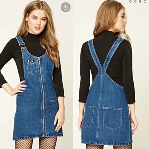 Forever 21 denim overall dress embroidered eyes S